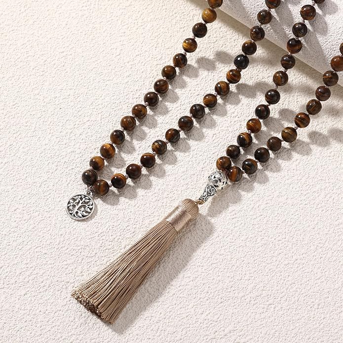 INBLUE 108 Mala Prayer Beads Wrap Necklace with Long Tassel Boho Necklace for Women Amazonite Bead Bracelet with Spiritual Tree of Life Pendant 108 Beads Necklace for Meditation