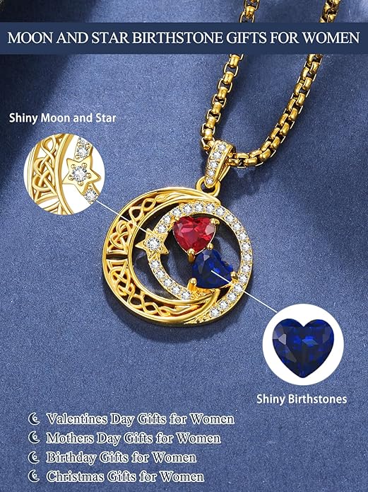 14K Gold Moon and Star Necklace Gifts for Women - Double Heart Birthstone Necklace, Valentines Wedding Anniversary Birthday Gifts for Her Wife Mom Daughter Grandma Sister