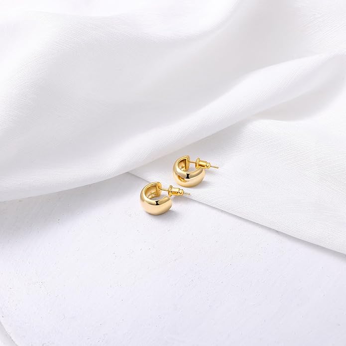 Gamicy Small 14K Gold Plated Hoop Earrings for Women with 925 Stering Silver Post, 14K Real Gold Plated Chunky Lightweight Hoops Earrings