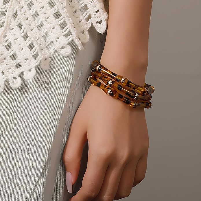 Tortoise Shell Bamboo Bangle Bracelet for Women – 3-Layer Acrylic Stretch Cuff with Faux Tortoiseshell Pattern – Retro Stackable Jewelry