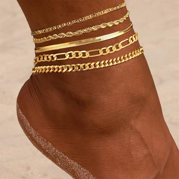 DEARMAY Dainty 14K Gold Plated Ankle Bracelets for Women, Waterproof 14K Gold Plated Link Chain Anklets Non Tarnish Set Pack Summer Beach Jewelry Gift