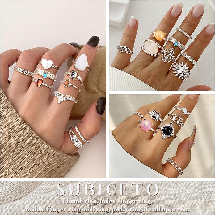 Subiceto 70 Pcs Vintage Crystal Ring Set Knuckle Rings for Women Bohemian Stackable Joint Rings Retro Boho Stacking Joint Finger Rings Pack