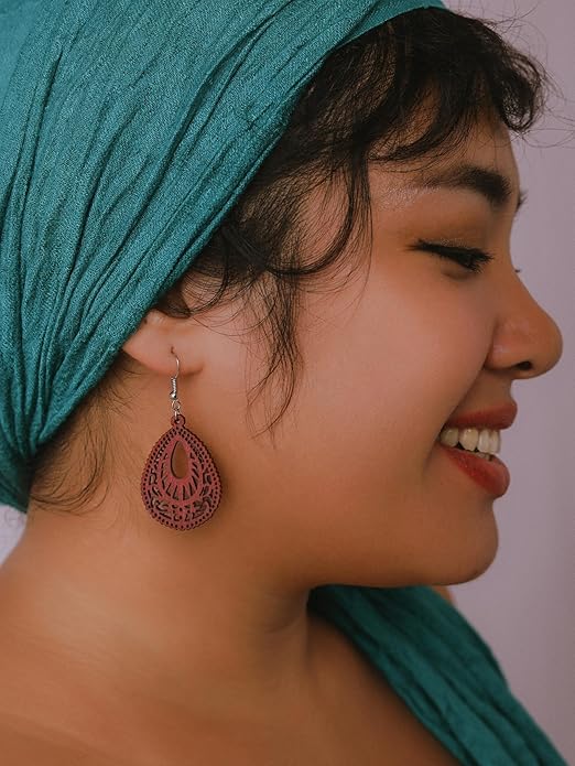 MINACHI Bohemian Hollow Cut-Out Wood Leather Dangle Drop Earrings, Boho Chic Hippie Statement Jewelry Gift for Women