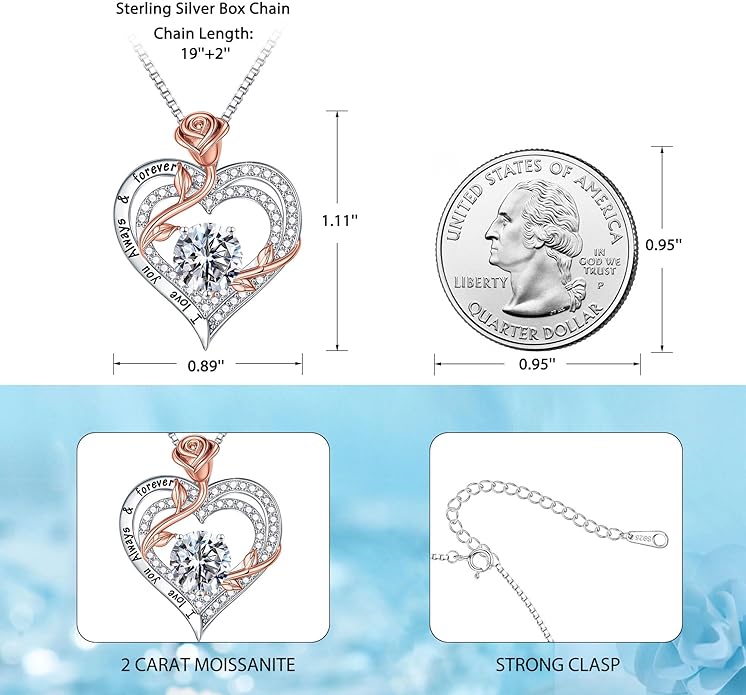 MOOSEA Valentines Day Gifts for Her - 925 Sterling Silver Rose Heart Moissanite Necklace, 1-3 ct VVS1 Clarity Lab Created Moissanite Anniversary Birthday Gifts for Mom Wife Girlfriend Jewelry Gift