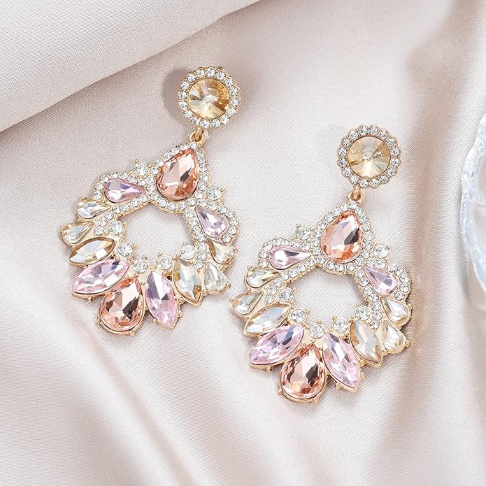 Fashion Rhinestone Statement Drop Dangle Earrings Large Colorful Crystal Chandelier Earrings for Women Bridal Wedding Party Prom