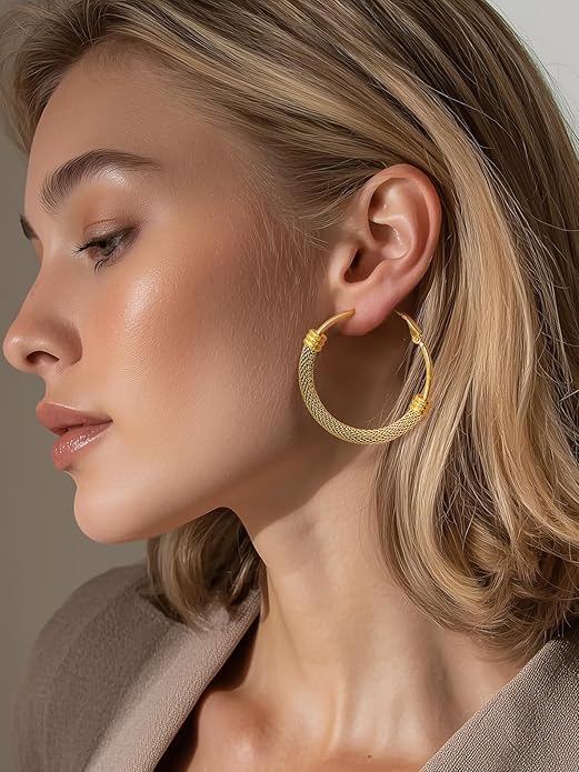 KeyStyle Mesh Hoop Earrings for Women, Stainless Steel Gold Hoops Earring Lightweight Loops, 2MM Thick Hypoallergenic Circle Endless Hollow Hoop 20mm-80mm