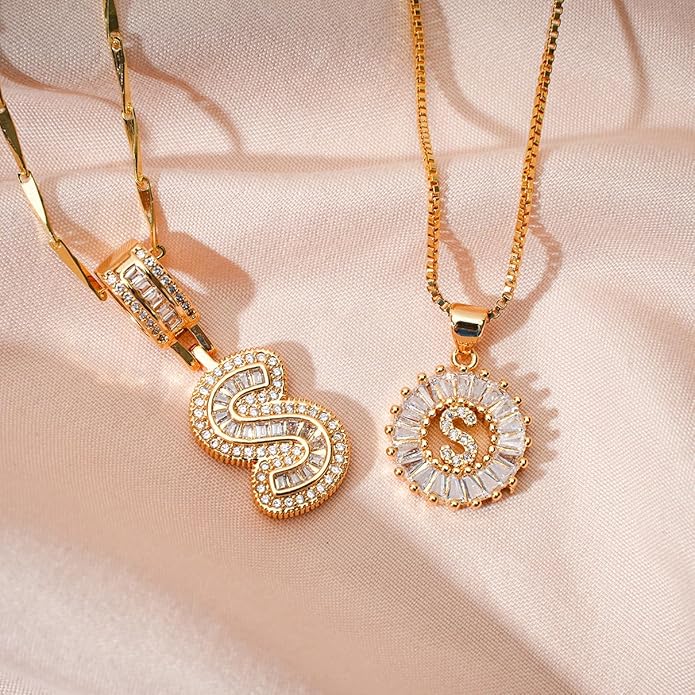 Letter Necklace 14k Gold Plated Bling Dainty Necklaces Trendy Chunky Custom Name Necklace Personalized Round Circle Pendant Zirconia Letters Name Crystal Jewelry Gifts for Women