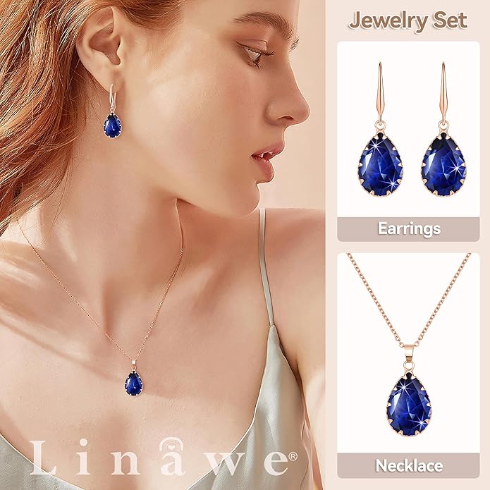 Linawe Crystal Jewelry Sets for Women, Imitation Diamond Pendant Necklace, Rhinestone Drop Dangle Earrings, Birthstone Cubic Zirconia Matching Wedding Jewelry, 14K Gold/Rose Gold/Silver Tones