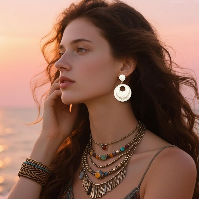 Raffia Hoop Earrings for Women - Boho Straw Wiker Dangle Drop Earrings for Summer Beach, Bohemian Trendy Rattan Jewelry