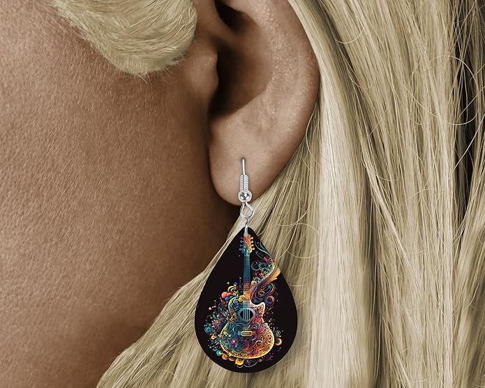 Teardrop Wood Earrings Light Weight Printed Image Dangle Jewelry, Fun and Funky