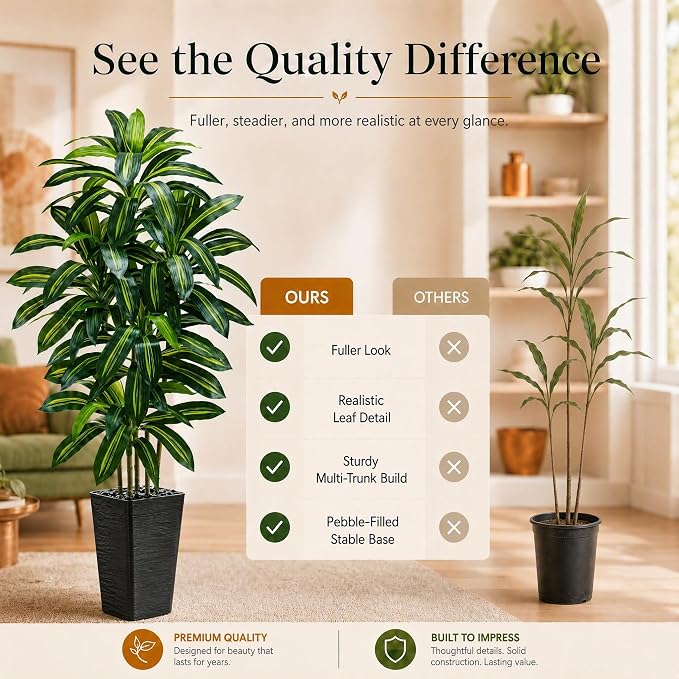 Artificial Dracaena Tree: 5FT Fake Plants Silk Faux Trees（Black Pot） | - Image 7