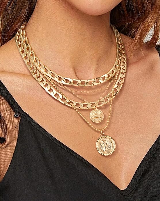 MJartoria Layered Necklaces for Women Trendy Retro Coin Pendant Necklace Dainty Chunky Chain Necklaces for Jewelry Birthday Gifts