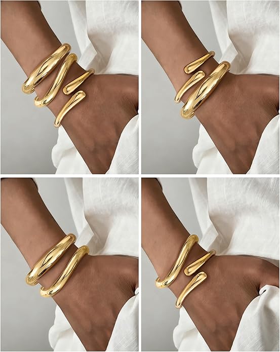 Chunky Bangle Bracelets for Women, Dainty 14k Gold Plated Big Stackable Bangles Set, Trendy Statement Women's Cuff Bracelet Stack Waterproof Chunky Bracelets Jewelry Gifts