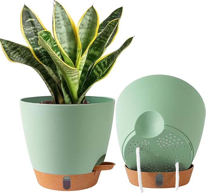 2 Pack 8 Inch Pots for Plants Indoor, Plastic Self Watering Planters | Drainage by Fielda