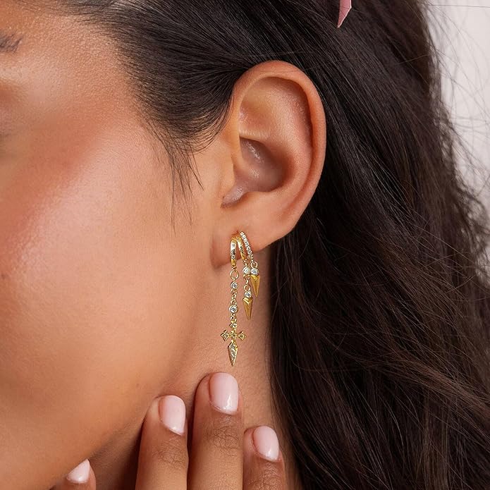 Dangle Earrings For Women,Dainty 14K Gold Plated Hypoallergenic Small Triple Huggie Hoop Earring Gothic Cute Cross Moon Star Drop Earrings For Women Trendy Gold Statement Stud Earring Jewelry