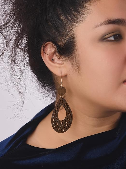 MINACHI Bohemian Hollow Cut-Out Wood Leather Dangle Drop Earrings, Boho Chic Hippie Statement Jewelry Gift for Women