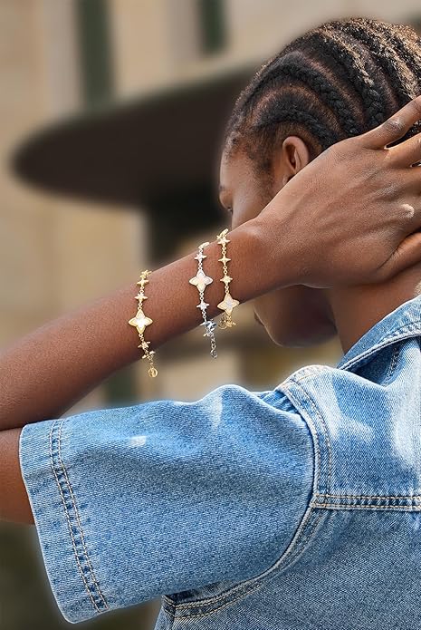 Cicy Bell Womens 18k Gold Plated White Shell Cubic Zirconia Square Cross Adjustable Chain Link Bracelets 6.69" with 2" Extender