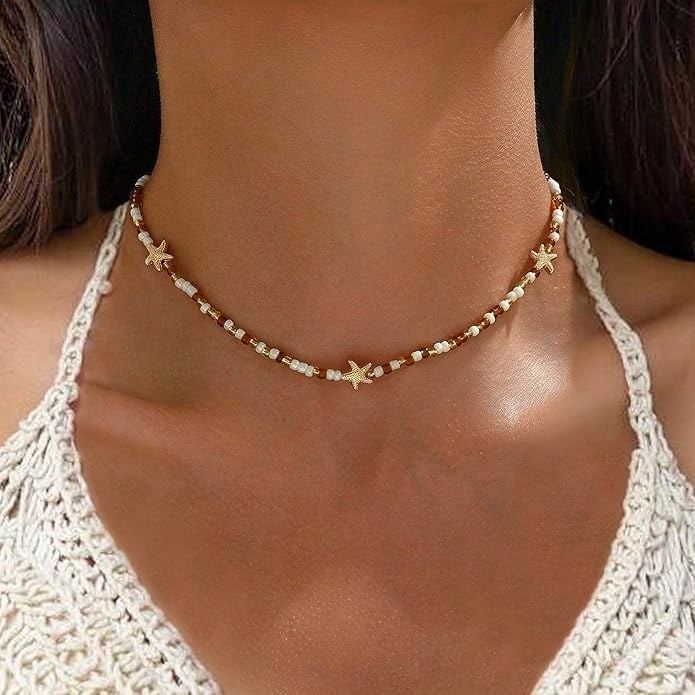Women's Shell Starfish Boho Layered Beaded Necklace Choker for Summer Beach Vacation Gifts for Birthday/Anniversary/Christmas