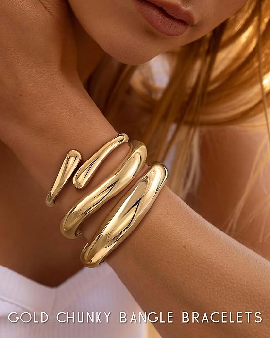 Chunky Bangle Bracelets for Women, Dainty 14k Gold Plated Big Stackable Bangles Set, Trendy Statement Women's Cuff Bracelet Stack Waterproof Chunky Bracelets Jewelry Gifts