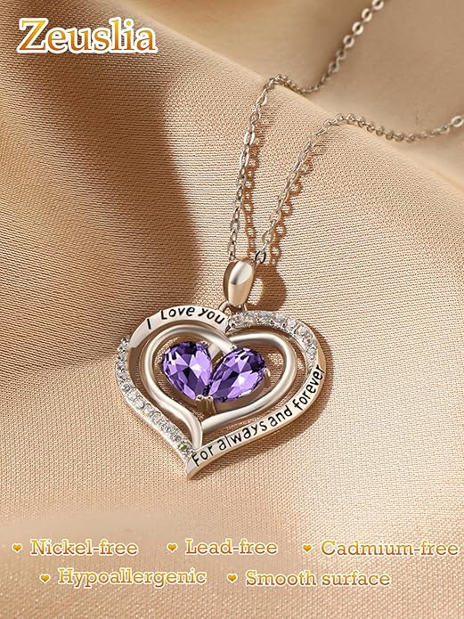 Valentine's Day Gifts for Wife 925 Sterling Silver Double Birthstone Pendant Necklaces I Love You for Always and Forever Necklace Anniversary Birthday Gifts for Wife Girlfriend Mom Her