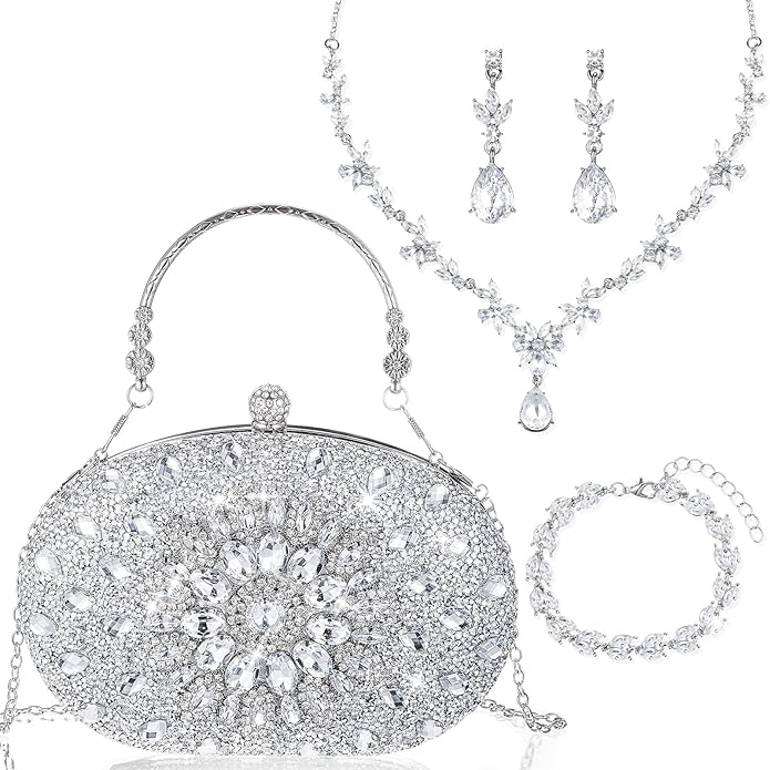 Quelay 4 Pcs Purse Rhinestone Jewelry Set Evening Clutch Bag Bling Crystal Necklace Dangle Earrings Bracelets Accessories