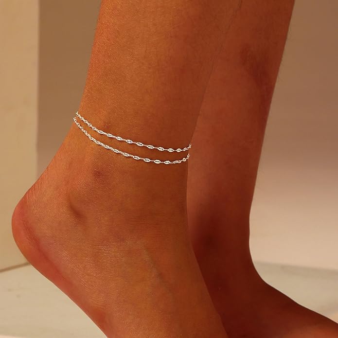DEARMAY Dainty 14K Gold Plated Ankle Bracelets for Women, Waterproof 14K Gold Plated Link Chain Anklets Non Tarnish Set Pack Summer Beach Jewelry Gift