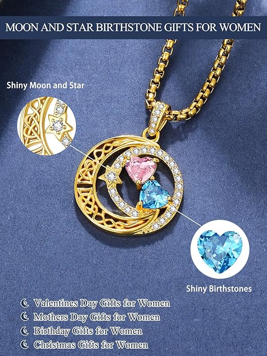 14K Gold Moon and Star Necklace Gifts for Women - Double Heart Birthstone Necklace, Valentines Wedding Anniversary Birthday Gifts for Her Wife Mom Daughter Grandma Sister