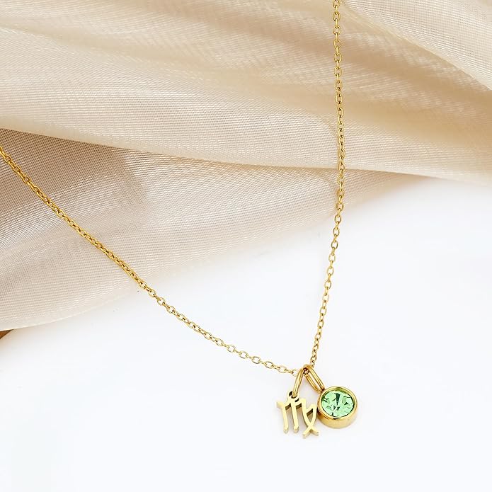 MISS RIGHT Initial Birthstone Necklace for Women - Personalized Gifts Birthday Gifts for Women Stainless Steel 18K Gold Plated Dainty Gold Zodiac Sign 12 Constellation Horoscope Necklace Jewelry