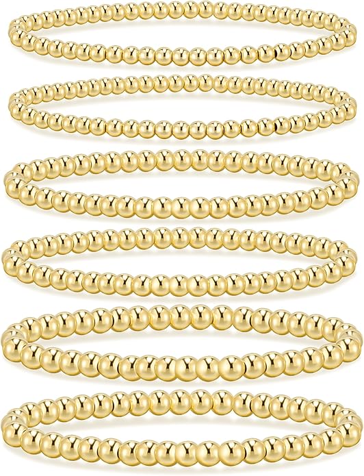 adoyi Valentines Day Gifts for Her Gold Bracelets for Women Waterproof, 14K Gold Plated Beaded Strand Bead Ball Bracelets stack Adjustable Jewelry Set for Gifts