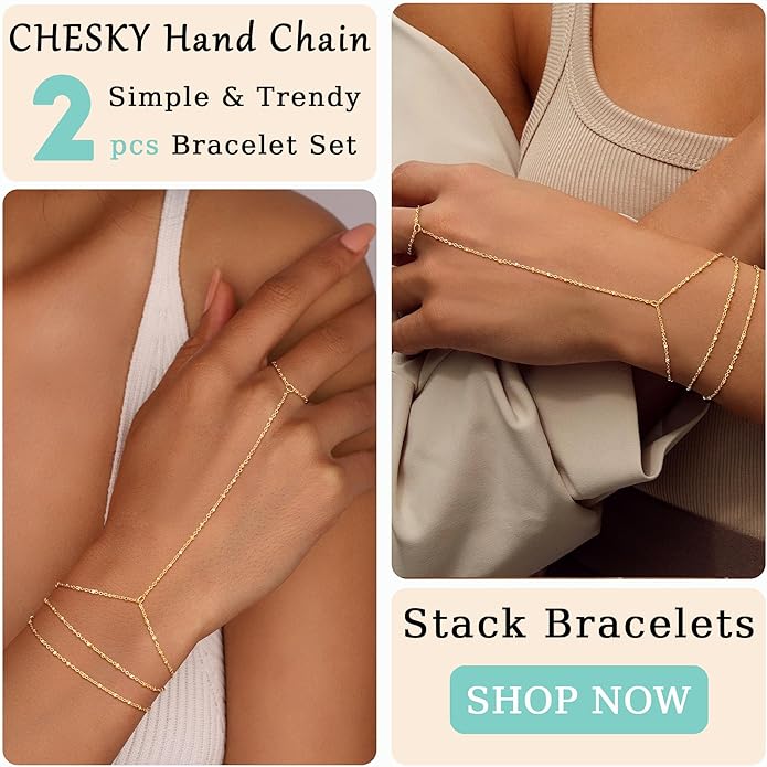 CHESKY 14K Gold Plated Hand Chain Bracelets for Women Set - Dainty Finger Ring Bracelet Stack Adjustable Hand Chains Durable Beaded Bracelets Trendy Simple Body Jewelry Gift for Women