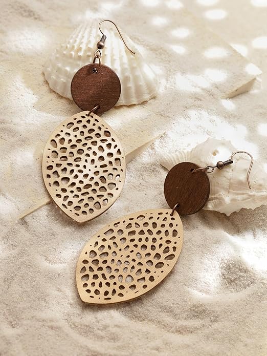 MINACHI Bohemian Hollow Cut-Out Wood Leather Dangle Drop Earrings, Boho Chic Hippie Statement Jewelry Gift for Women