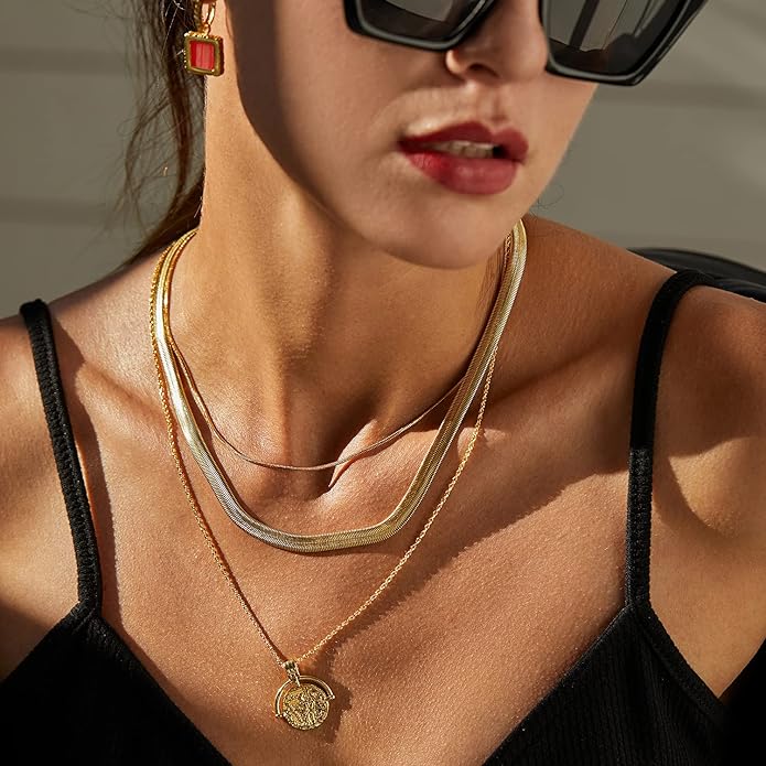 Dainty Layered Choker Necklace 18k gold Plated Y Pendant Commemorative coin Necklace Multilayer Bar Disc Necklace Adjustable Layering Choker Necklaces fashion jewelry for Women Girls