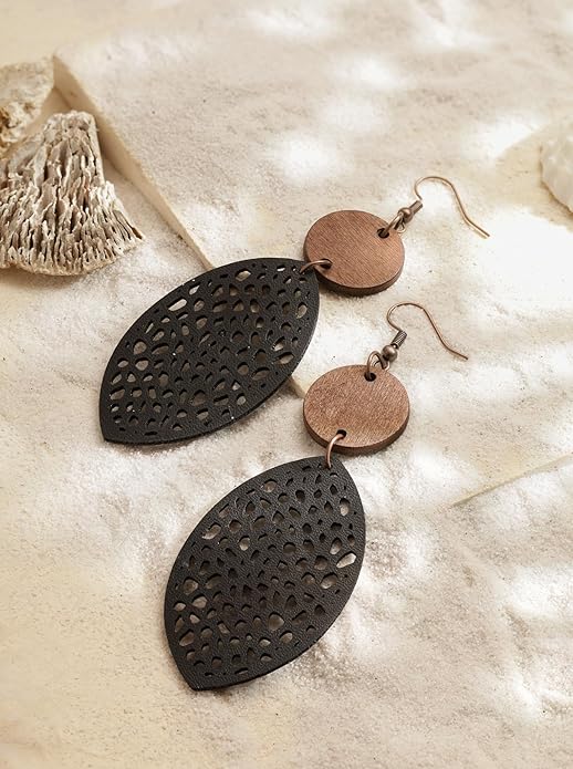 MINACHI Bohemian Hollow Cut-Out Wood Leather Dangle Drop Earrings, Boho Chic Hippie Statement Jewelry Gift for Women