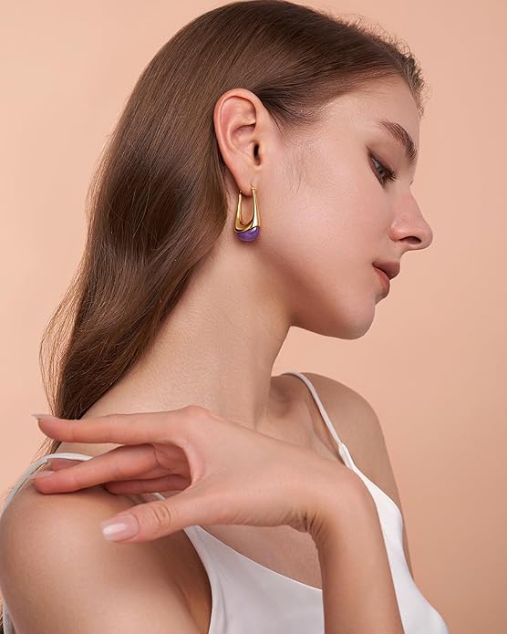Long Oval Chunky Dangle 18K gold plated Hoops with Colored Resin Gemstone Statement Earrings for Women by SNGIA, (Green, Brown, Blue, Pink, White, Cream), Bold Drop Handmade Exaggerated Irregular Trendy Bohemian Jewelry Gifts, Unique Dangling Teardrop ...