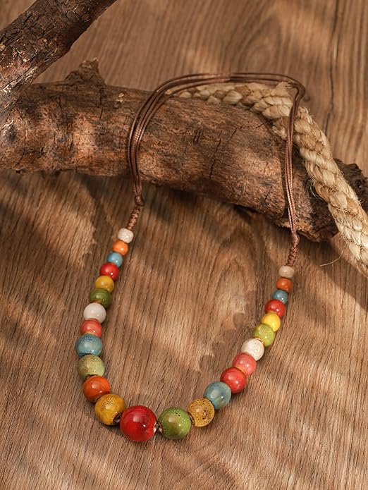 MINACHI Hippie Boho Colorful Ceramic Round Beads Strand Necklace, Bohemian Fashion Statement Jewelry Gift for Women