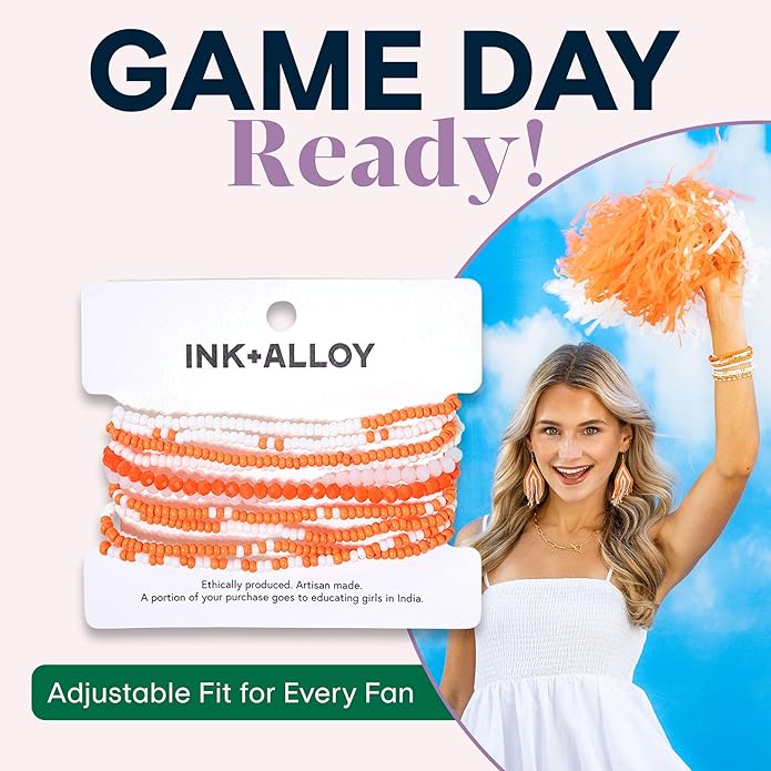 INK + ALLOY Game Day Bracelet Stacks, Beaded Bracelets for Football Gameday Outfits, Handmade Jewelry for College Students, Teachers, Football Moms, Set of 10