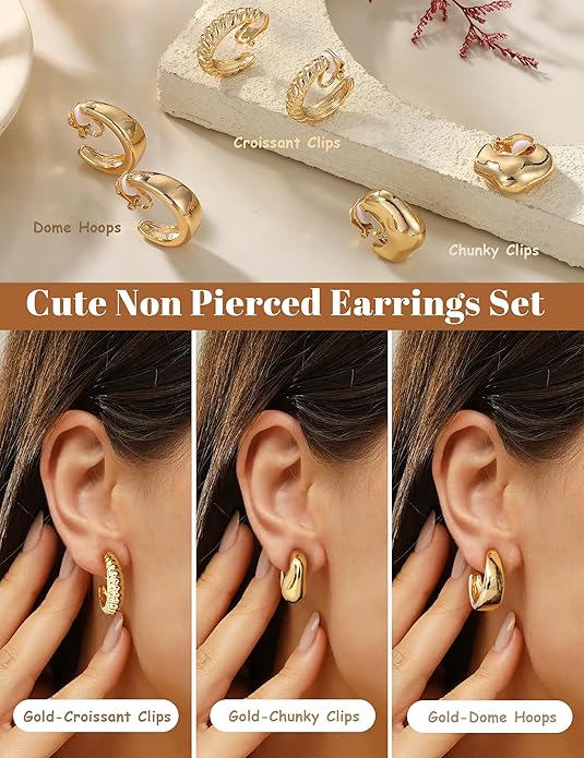 BESTEEL 3Pairs Clip on Earrings for Women Trendy Hypoallergenic 14K Gold Plated Chunky Tube Croissant Waterdrop Clip-on Hoop Earrings Set Fake Jewelry Non Pierced Ears