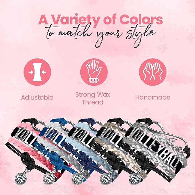 Volleyball Bracelets For Girls- Ideal Volleyball Gifts & Souvenirs. Adjustable Charm Bracelet with Moveable Letters, Infinity Symbol & Silver Volleyball Charm. Fashionable Bracelets by SportyBella.