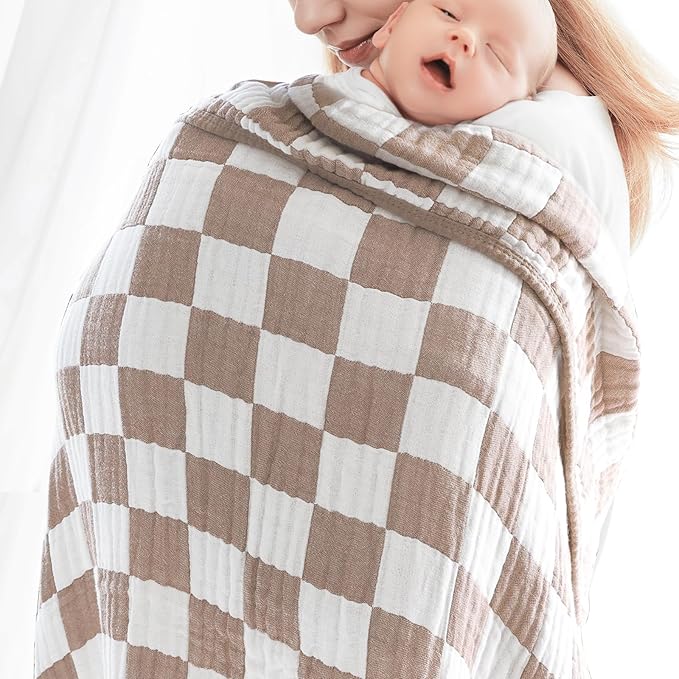 Ultra Soft Muslin Baby Blanket Neutral Versatile 6 Layers Swaddle and Bed Blanket for Babies, Toddlers, Boys or Girls Coffee Checkered 43 x 43 Inches