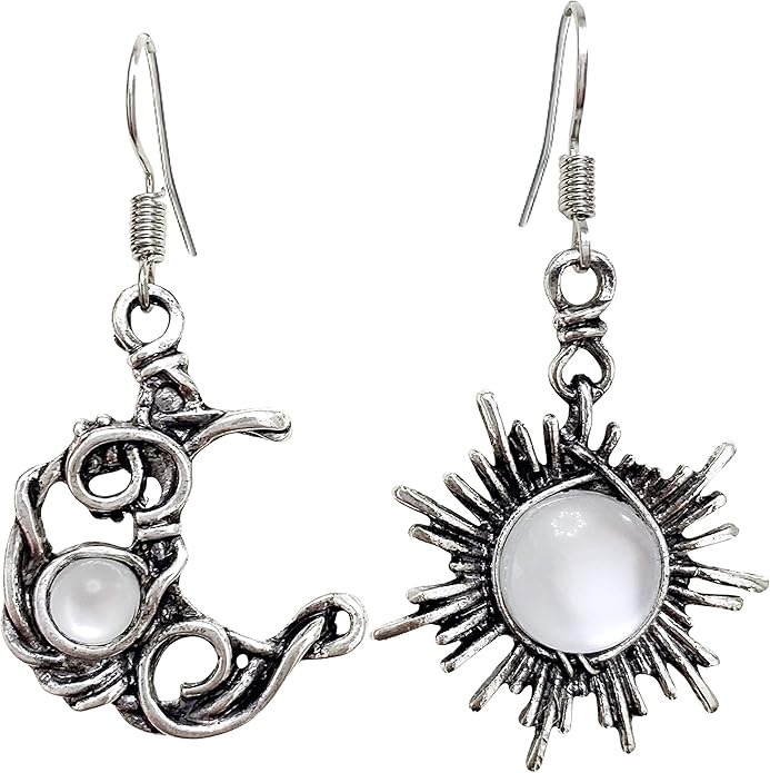 ANDPAI Unique Chic Abstract Hollow Black Vintage Silver Asymmetry Moon Star Sun Dangle Drop Earrings Black Moonstone Moon Hypoallergenic Earrings for Women Statement Jewelry Gifts
