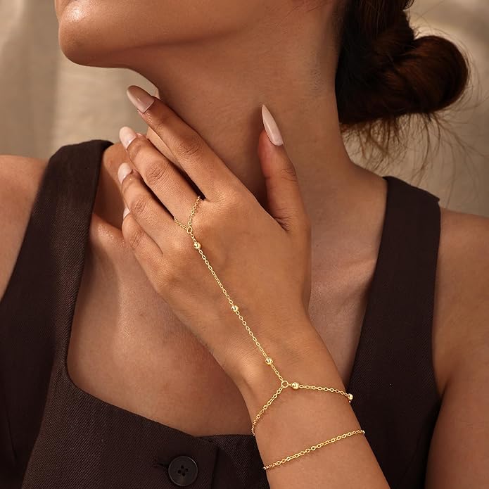 CHESKY 14K Gold Plated Hand Chain Bracelets for Women Set - Dainty Finger Ring Bracelet Stack Adjustable Hand Chains Durable Beaded Bracelets Trendy Simple Body Jewelry Gift for Women