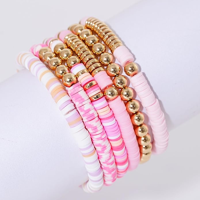 GOOJIDS Surfer Heishi Clay Bead Bracelets for Women Bohemian Stackable Gold Plated Beaded Stretch Bracelets Elastic Layering Friendship Bracelets Set Boho Jewelry