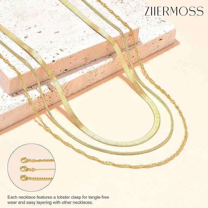 3PCS Gold Necklaces for Women,Chunky Statement Gold Plated Necklace Stack Layered Sterling Silver Herringbone Chains for Women Dainty Trendy Silver Chains Stacked Jewelry Gifts
