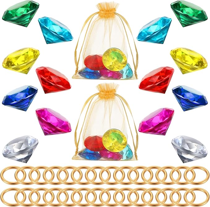 Chalyna 60 Pcs Acrylic Diamond Gem Jewelry Alloy Gold Round Ring Set Halloween Party Favor Pirate Treasure Hunting Cake Decor with Gift Bag for Birthday (Fresh Style)