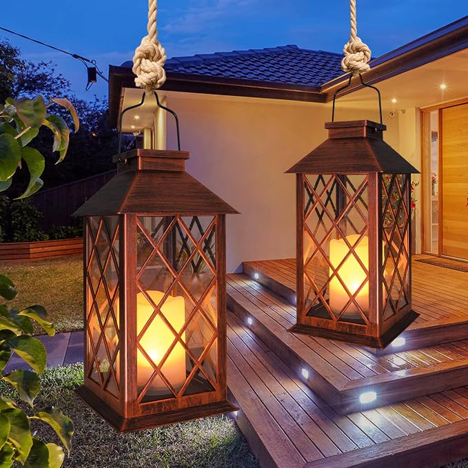 14" Solar Lanterns Outdoor Garden Lantern Waterproof LED Flickering Flameless - Image 6
