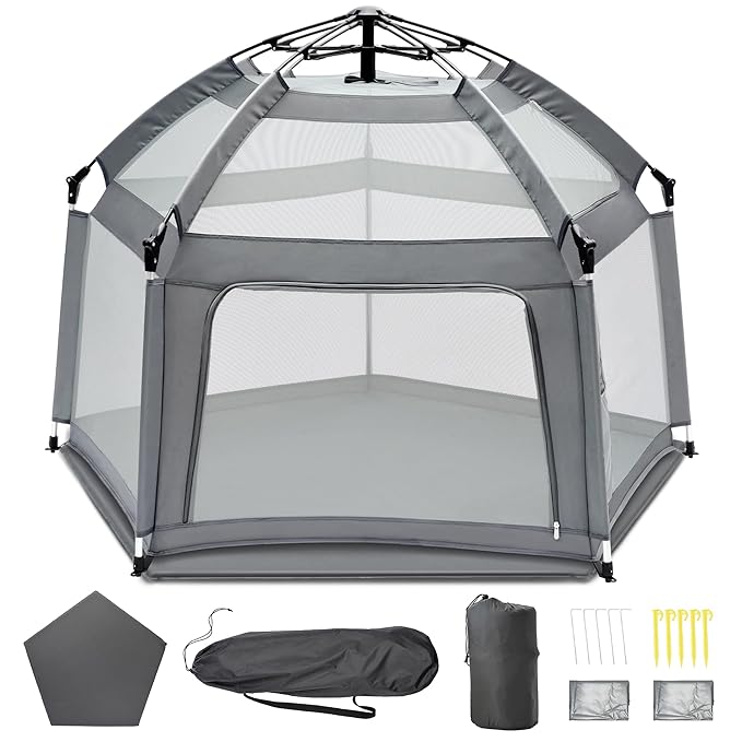 Baby Playpen with Self-Inflating Play Mat & Travel Bag, Portable Outdoor Playpen for Babies and Toddlers, Foldable Pop Up Play Tent for Home, Park, Beach and Camping (Grey)