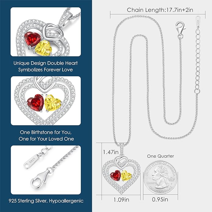 LOUISA SECRET Sparkling Double Heart Birthstone Necklaces for Women, 925 Sterling Silver Fine Jewelry, Pendant Heart Necklaces Birthday Anniversary Christmas Gift for Women Wife Mom Girlfriend Lady