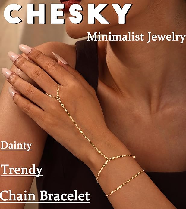 CHESKY 14K Gold Plated Hand Chain Bracelets for Women Set - Dainty Finger Ring Bracelet Stack Adjustable Hand Chains Durable Beaded Bracelets Trendy Simple Body Jewelry Gift for Women