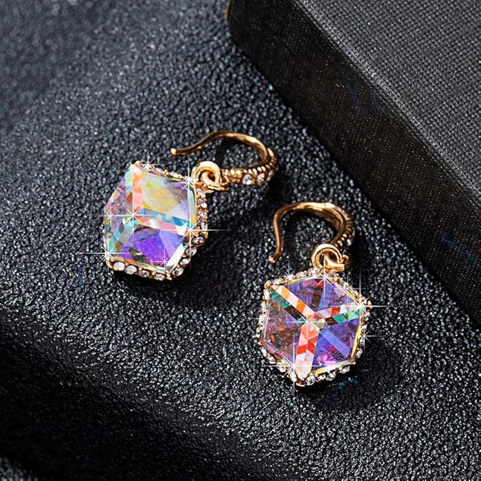 Austrian Crystal Cube Drop Dangle Earrings for Women 14K Gold Plated Hypoallergenic Jewelry