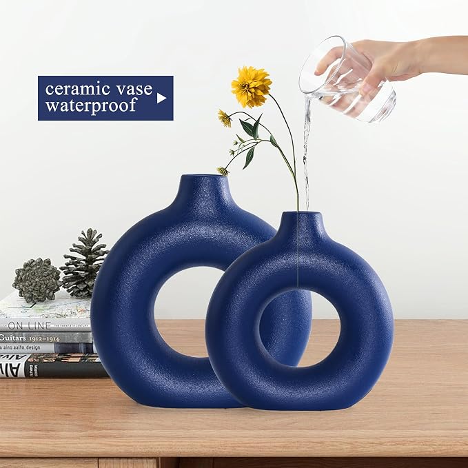 Blue Ceramic Donut Vase Set of 2, Hollow Round Matte Pampas Flower Vases - Image 3
